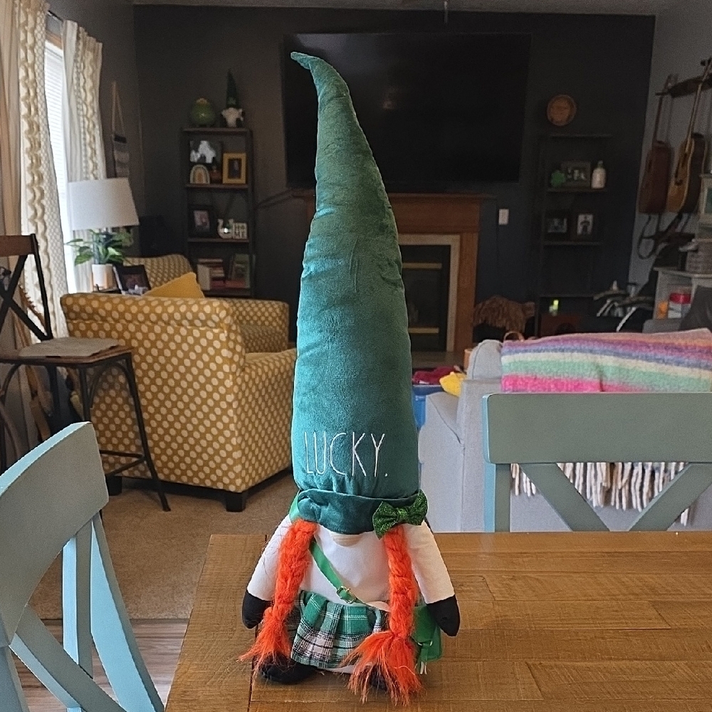 Rae Dunn Lucky Green Gnome with Orange Braids. Height 24 Inches